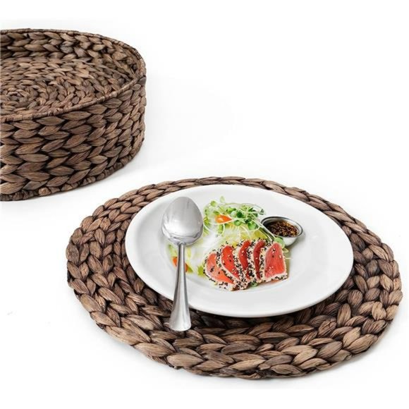12 inches Woven Placemats Round Set of 6 with Decorative Round Holder, (Black) - Picture 4 of 7